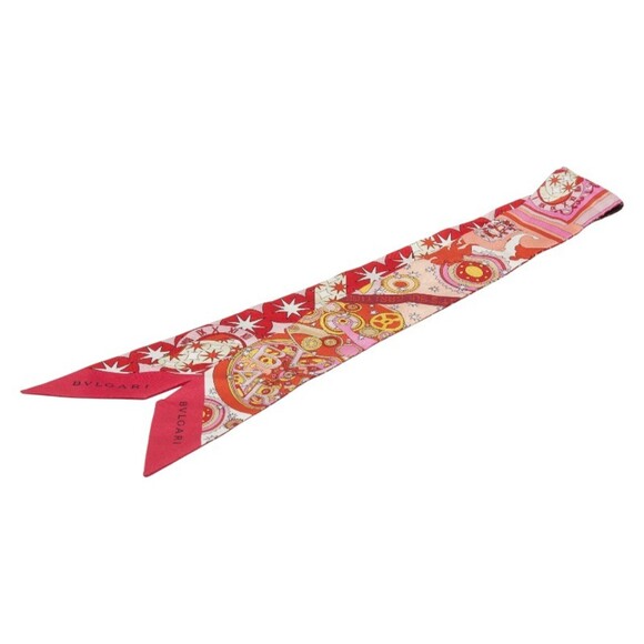 BVLGARI Twilly Serpenti Ribbon Logo Scarf/Muffler in Pink Multicolor Silk for...